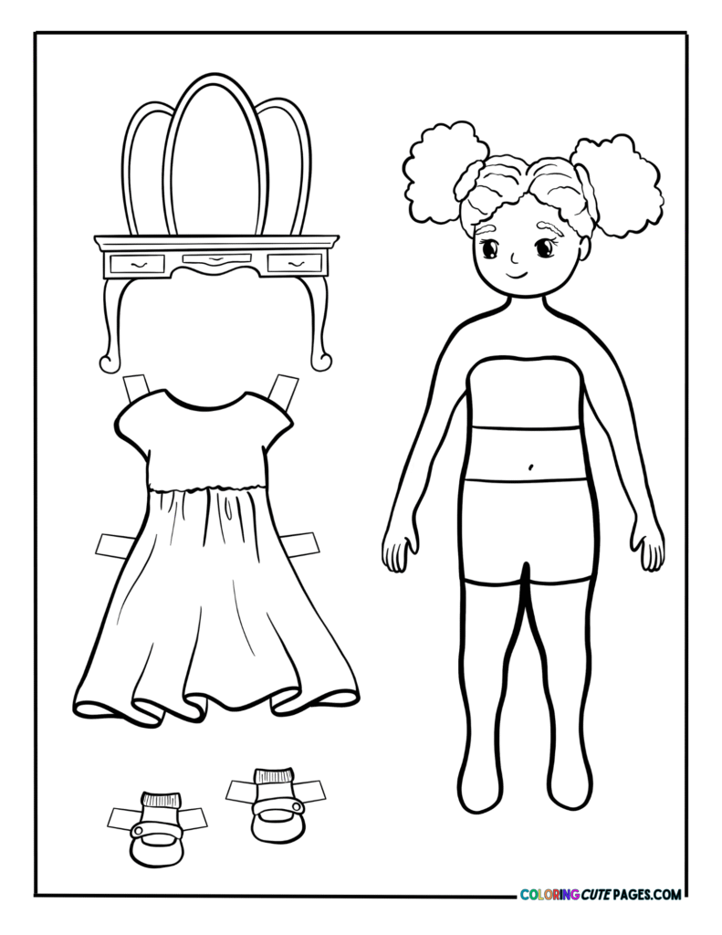 Paper doll girl with dress, shoes, and vanity table accessories
