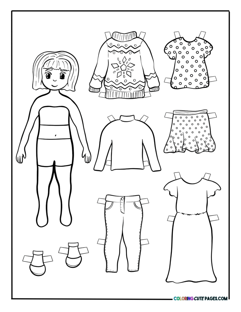 Paper doll girl with sweater, skirt, and pants outfits