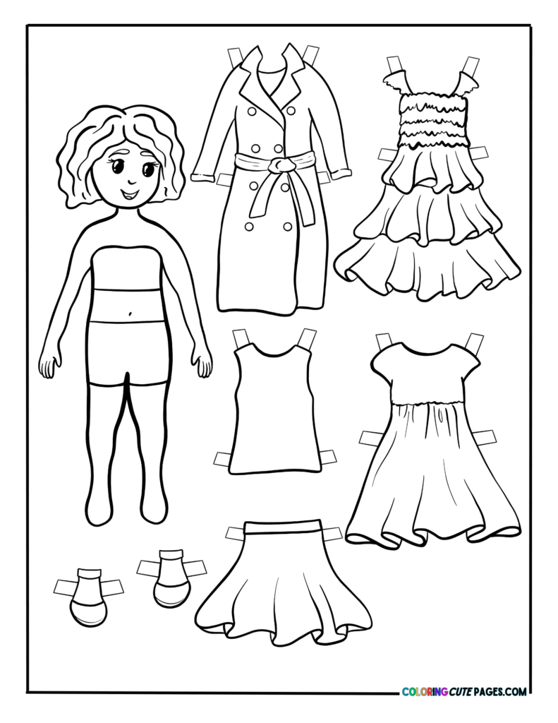 Paper doll girl with dress, coat, and skirt options