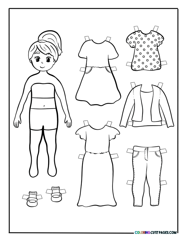 Paper doll girl with casual tops, dress, and jacket