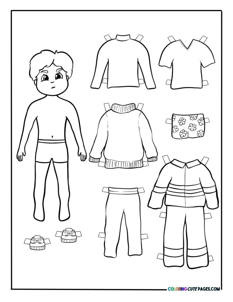 Paper doll boy with shirts, sweater, shorts, and pants