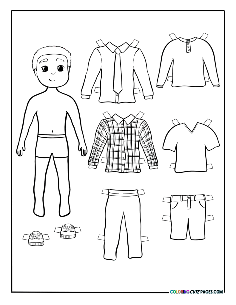 Paper doll boy with jackets, shirt, pants, and shoes