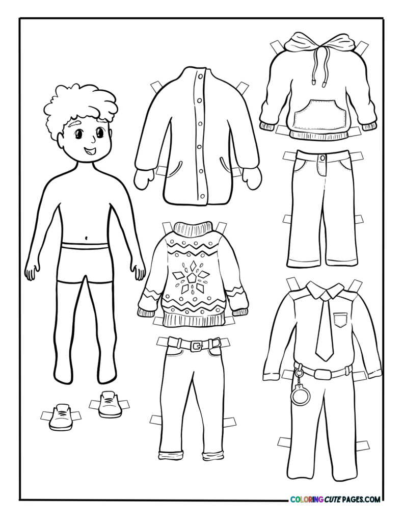 Paper doll boy with sweater, hoodie, jacket, and pants