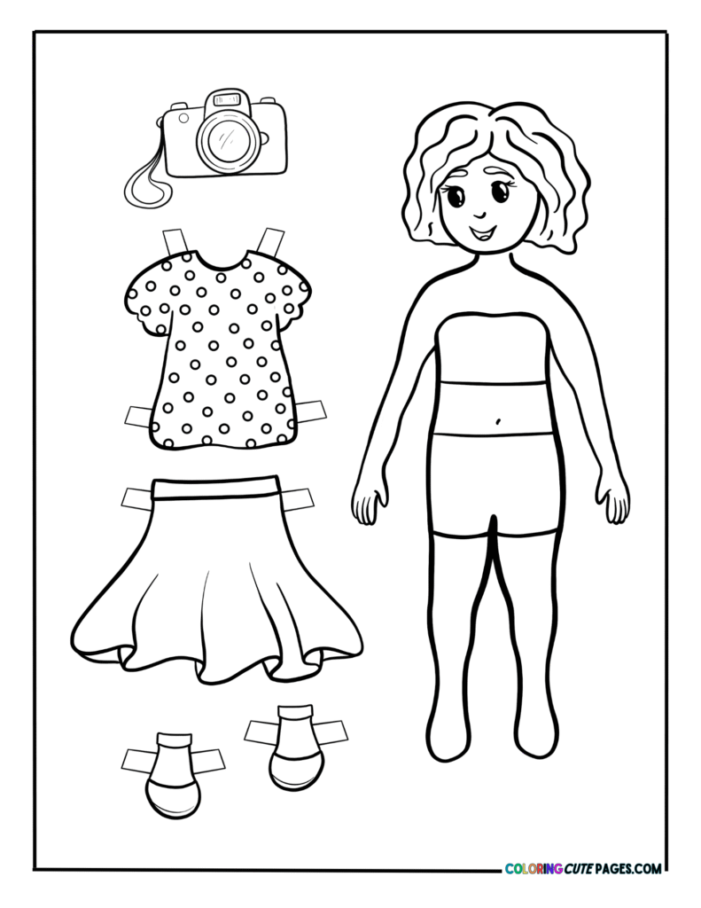 Paper doll girl with camera, skirt, shirt, and shoes