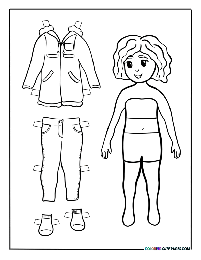 Paper doll girl with coat, pants, and shoes set
