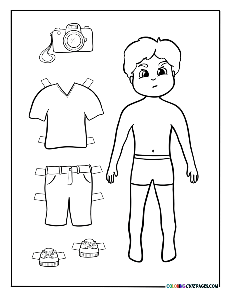 Paper doll boy with shirt, shorts, and camera accessory
