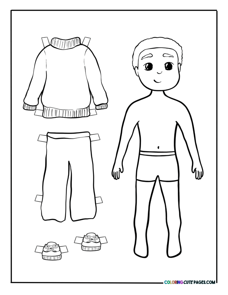 Paper doll boy with sweater, pants, and shoes