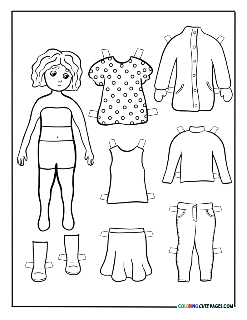 Paper doll girl with multiple outfits and clothing pieces
