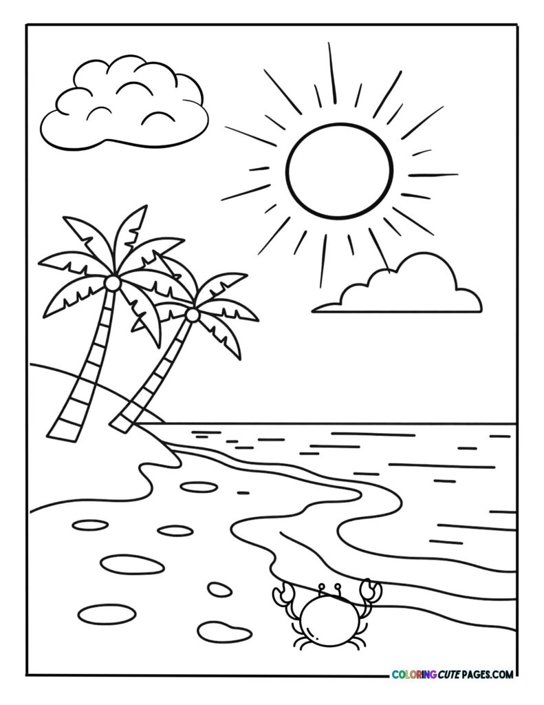 Sunny beach with palm trees and ocean