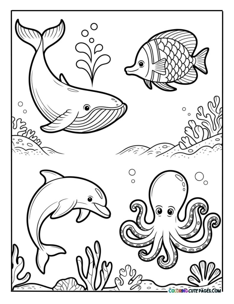 Cute ocean animals coloring page featuring a whale, dolphin, octopus, and fish swimming near coral