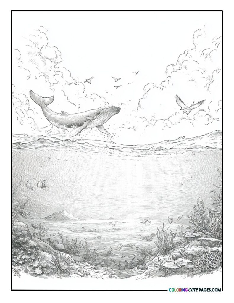 Whale swimming above a coral reef in the ocean