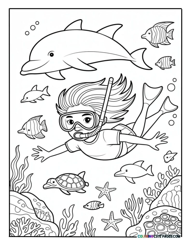 Child scuba diving with dolphins, fish, and sea turtles