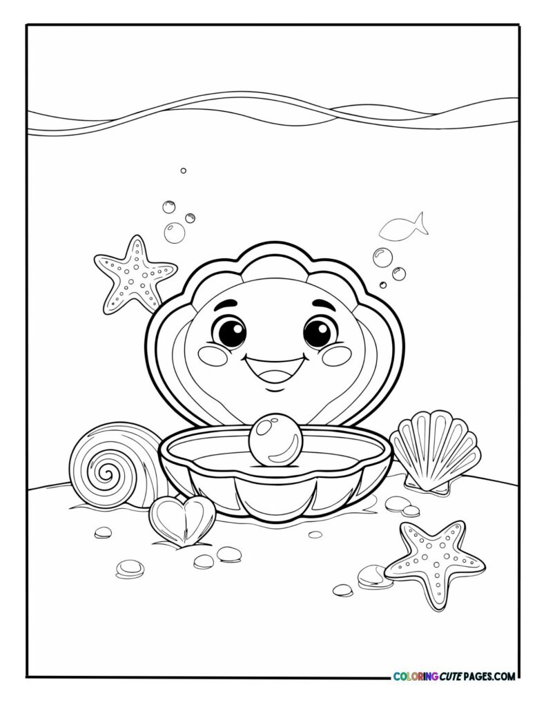 Cute open clam shell revealing a shiny pearl surrounded by starfish and sea shells coloring page