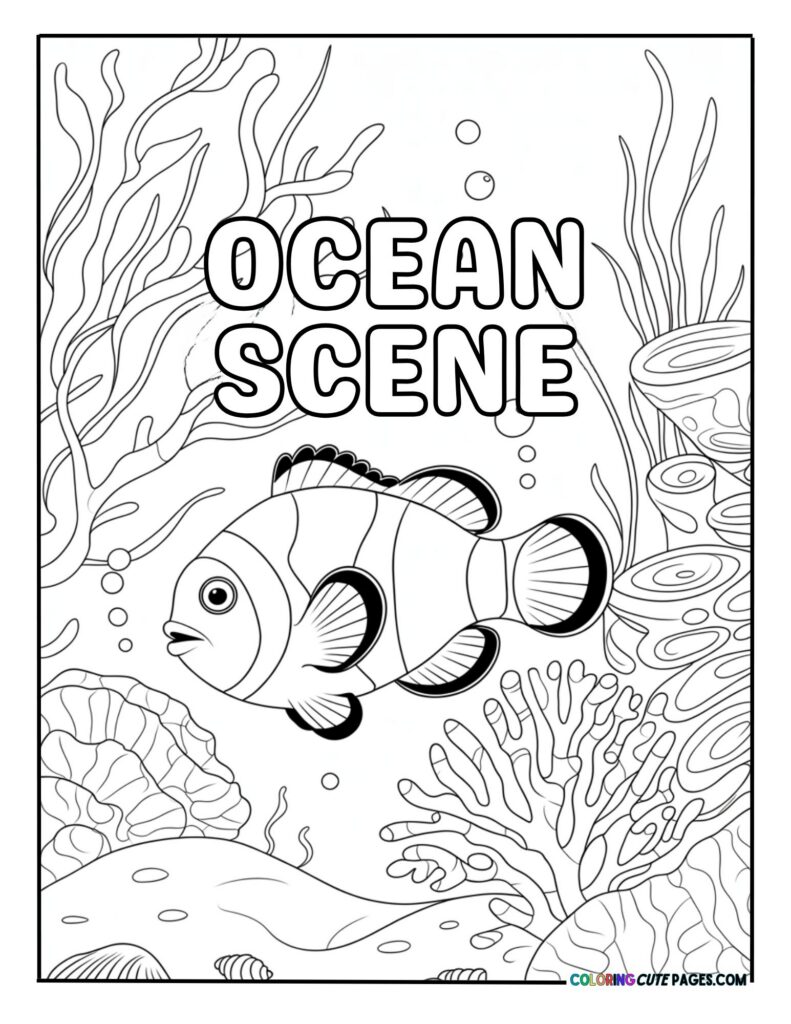 Clownfish swimming through an underwater ocean scene