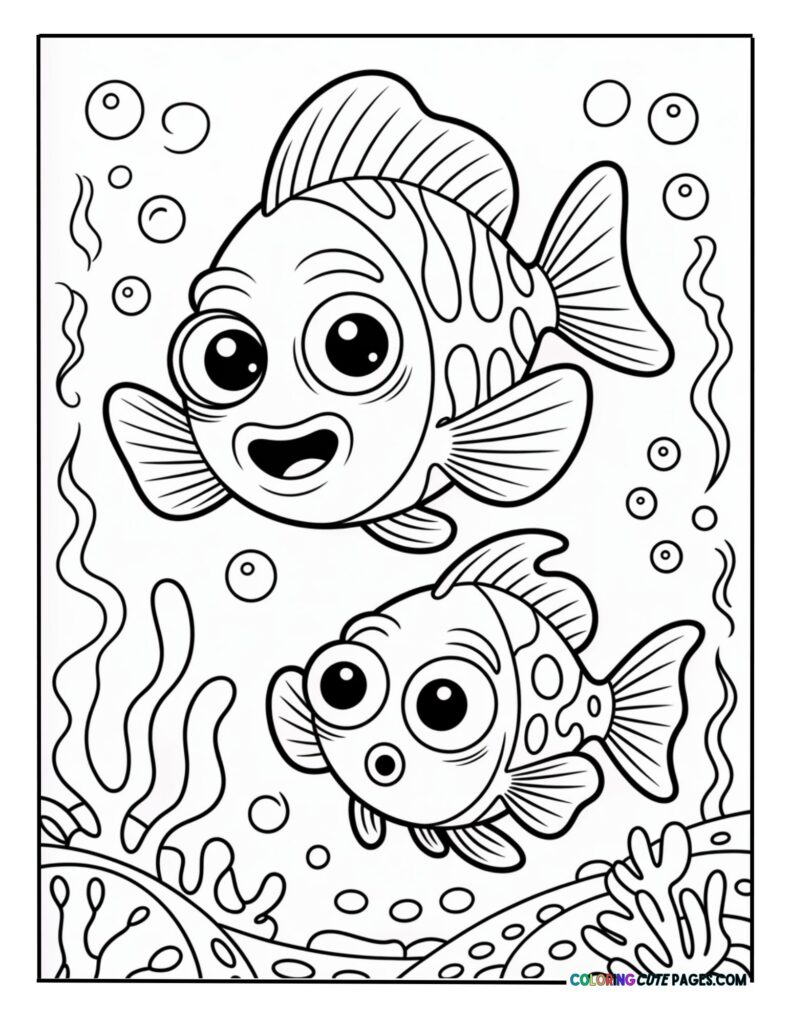 Two happy cartoon fish with large eyes swimming near coral and bubbles