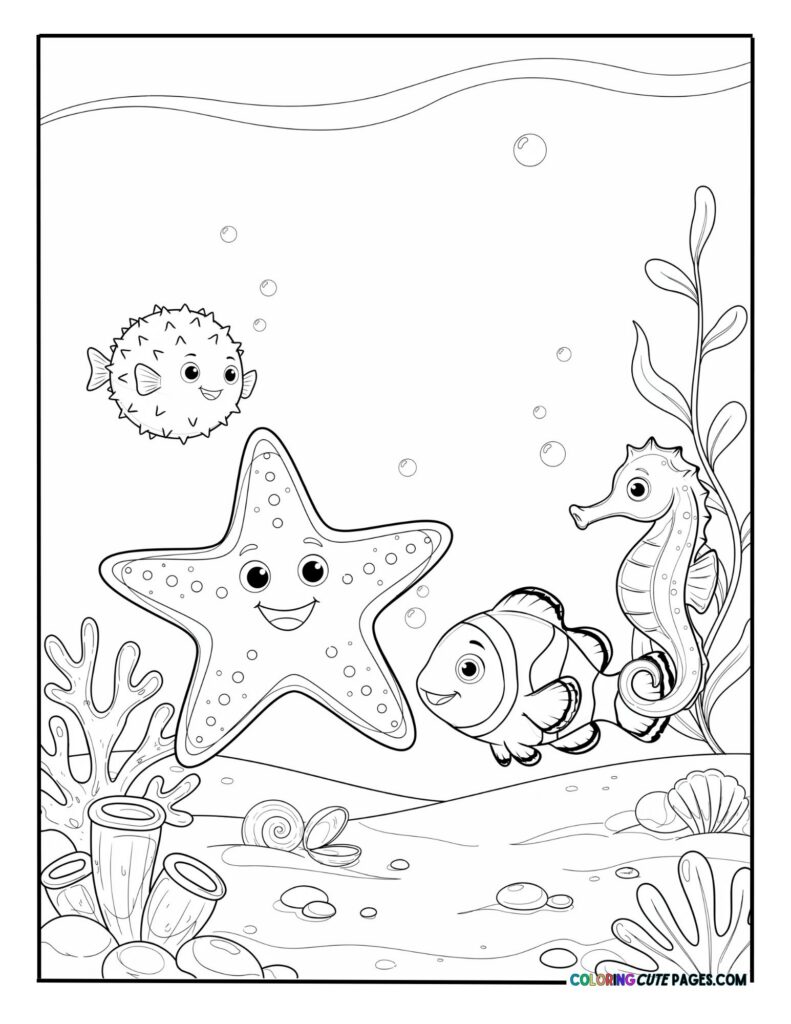 Whimsical sea life scene featuring a smiling starfish, pufferfish, clownfish, and seahorse coloring page