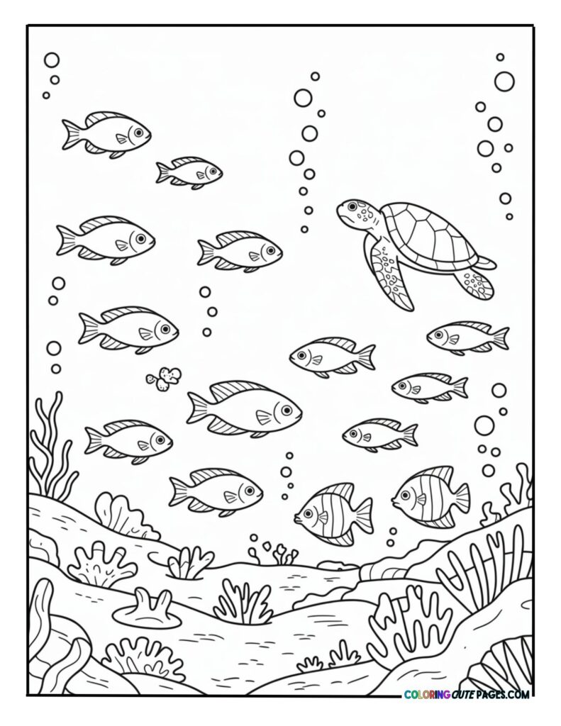 A sea turtle swimming through a large school of fish over a coral reef