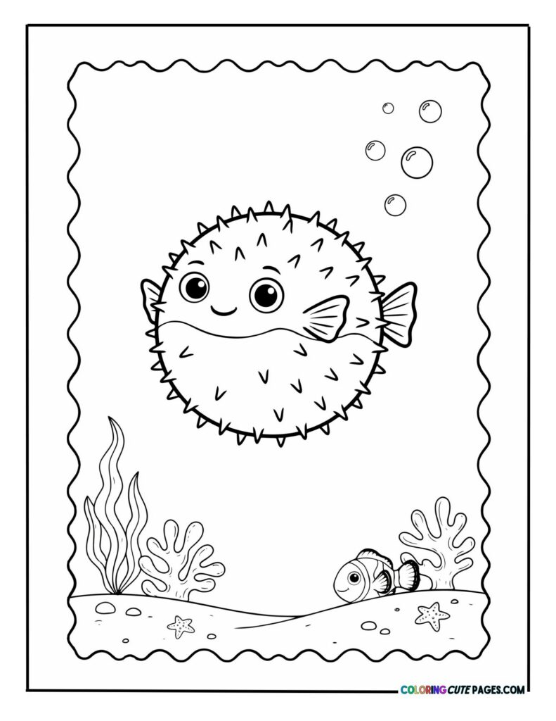 Adorable round pufferfish with spikes floating above the ocean floor coloring page for kids