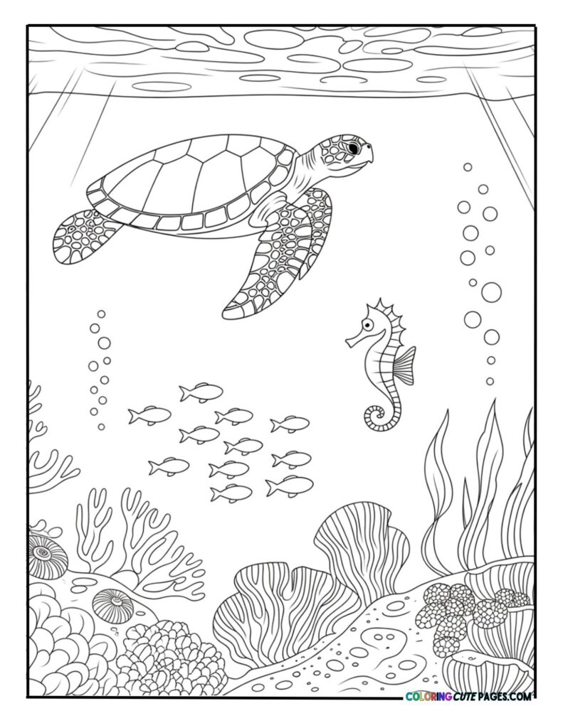 A lone sea turtle gliding gracefully under the water with a seahorse nearby