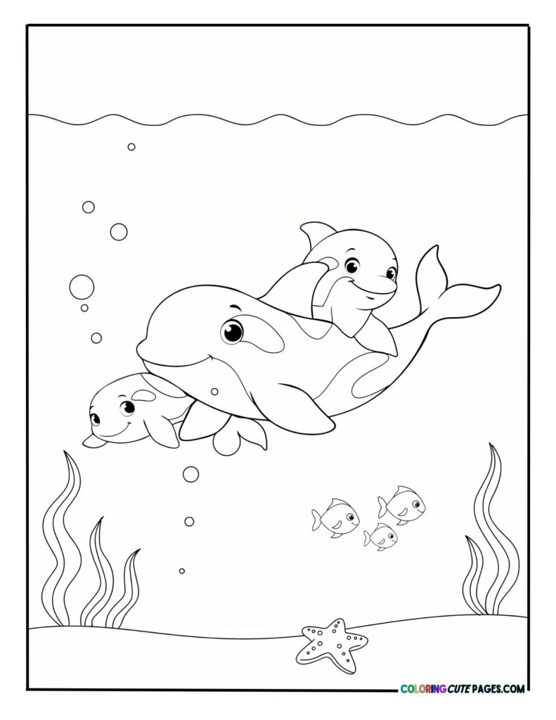 Cute killer whale family with a mother orca and her two calves swimming together coloring page