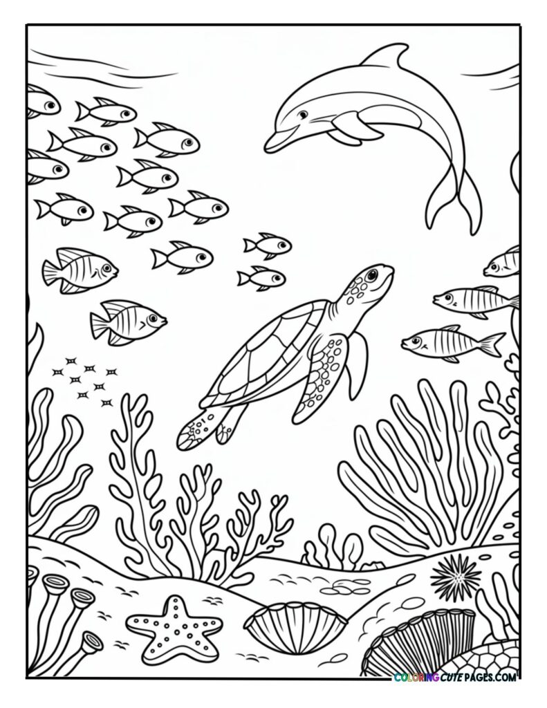 A dolphin leaping and a sea turtle swimming over a vibrant coral reef habitat