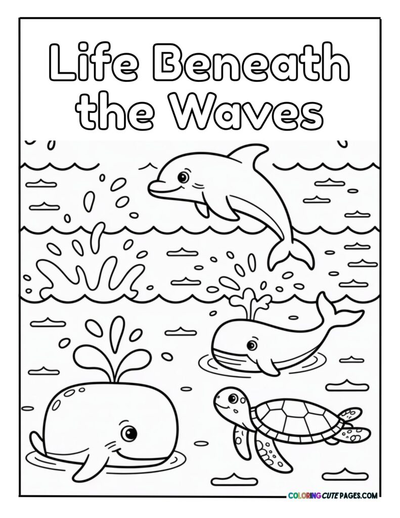 Group of friendly whales, dolphins, and turtles swimming under the text LIFE BENEATH THE WAVES coloring page