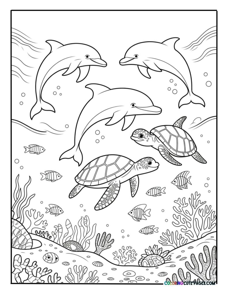 Three playful dolphins and two sea turtles swimming together over the ocean floor