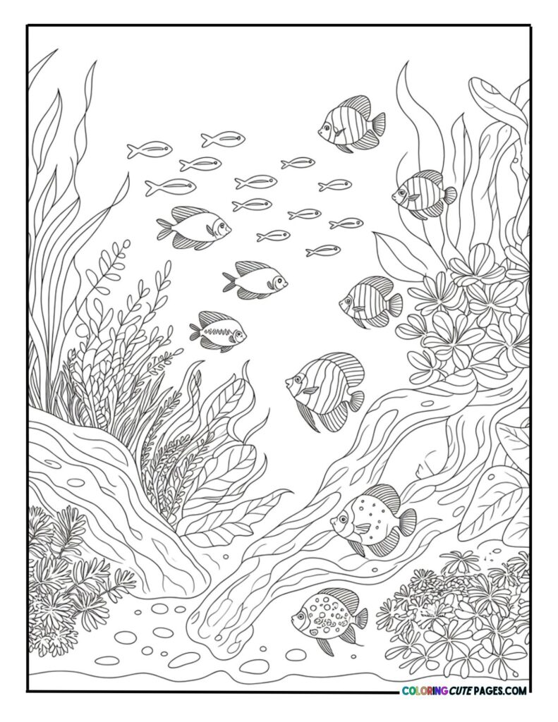 A diverse school of small fish weaving through dense underwater plants and coral