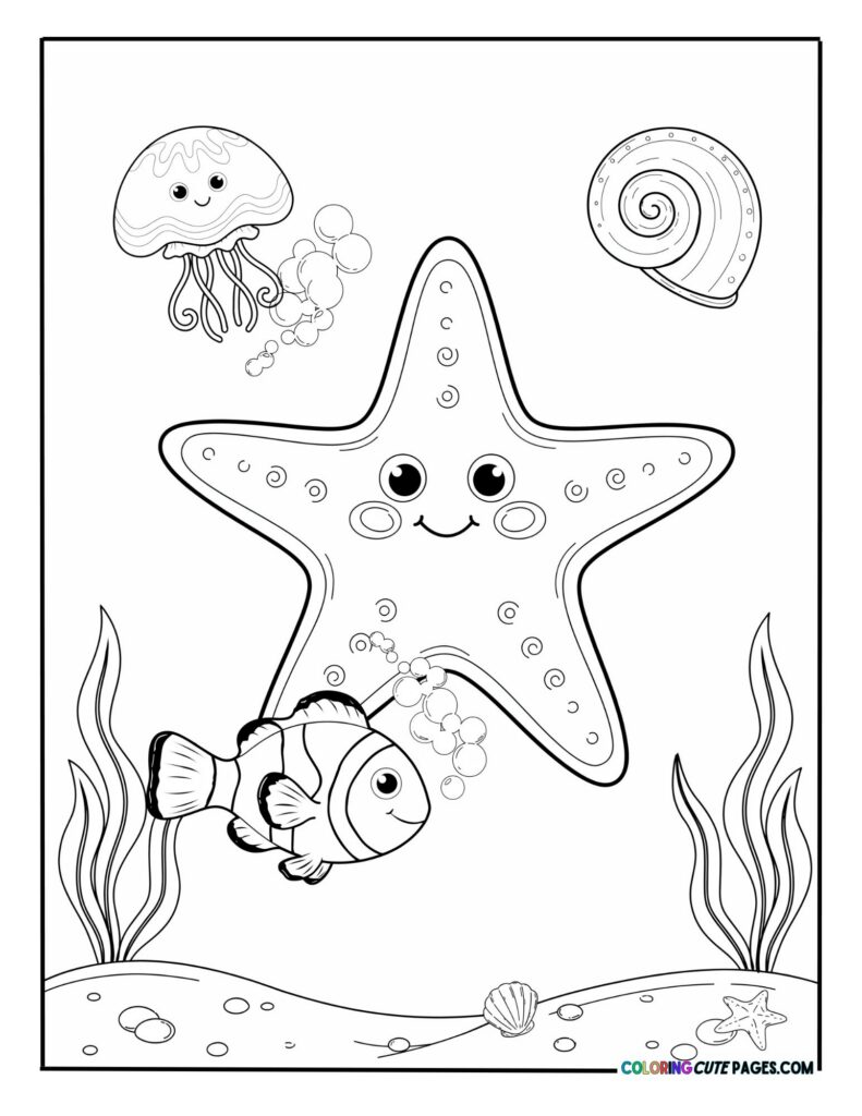 Cute smiling starfish on the seabed with a jellyfish, clownfish, and seashell coloring page