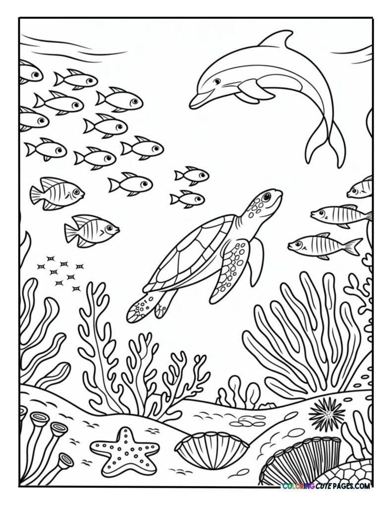 A dolphin and a sea turtle navigating a bustling coral reef surrounded by fish