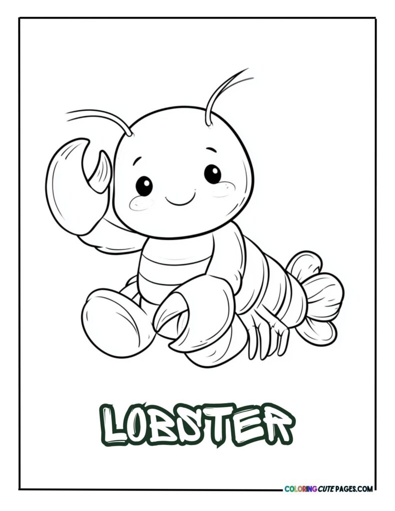 Simple cartoon lobster coloring page for young kids with the text LOBSTER below it