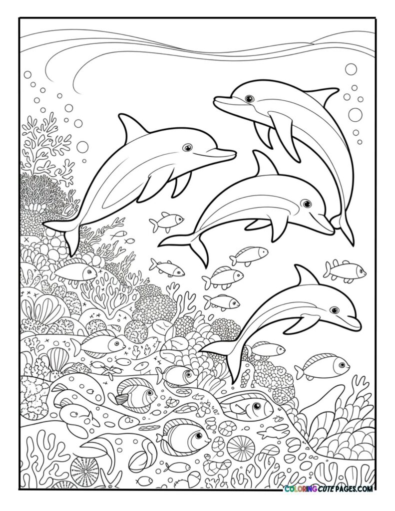 Dolphins swimming through a colorful underwater scene