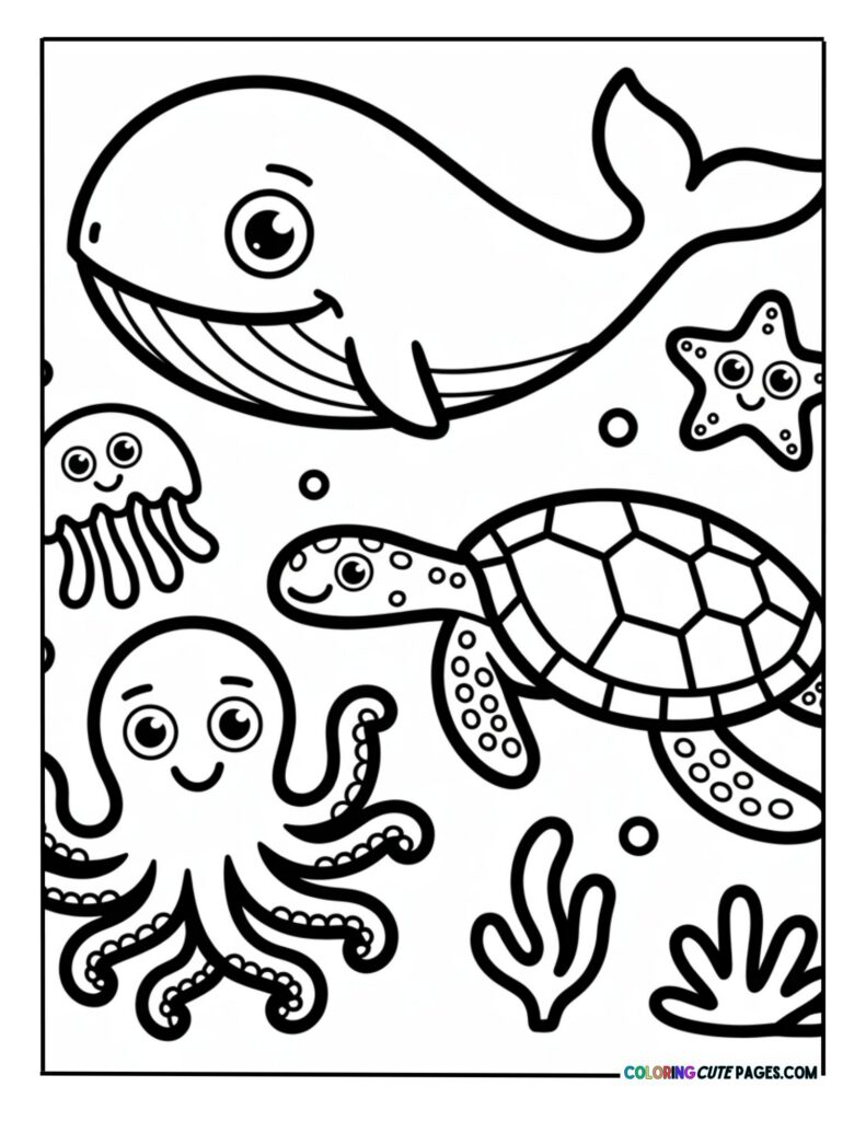 Bold cartoon whale, sea turtle, octopus, and starfish pattern coloring page for young kids