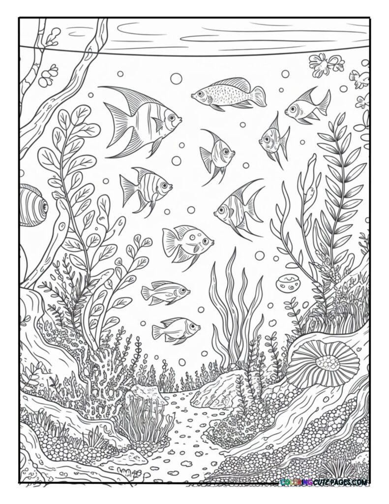 A detailed variety of tropical angelfish swimming among tall aquatic plants