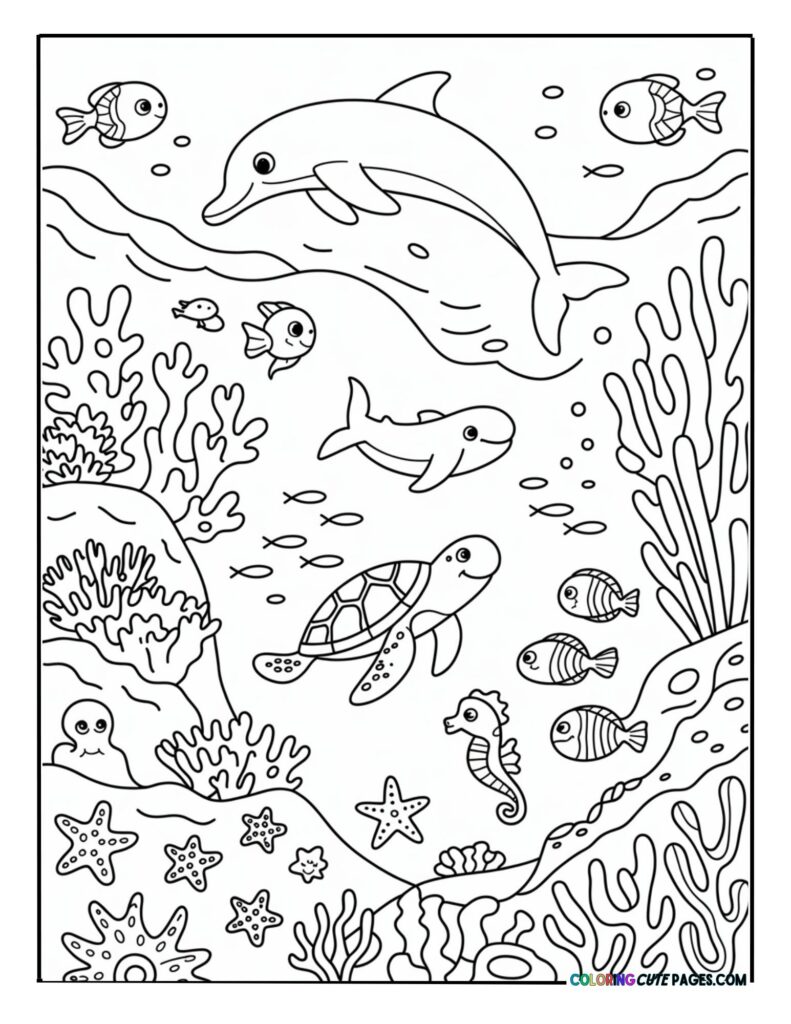 Detailed marine life scene coloring page with a dolphin, shark, sea turtle, and seahorse by a coral reef