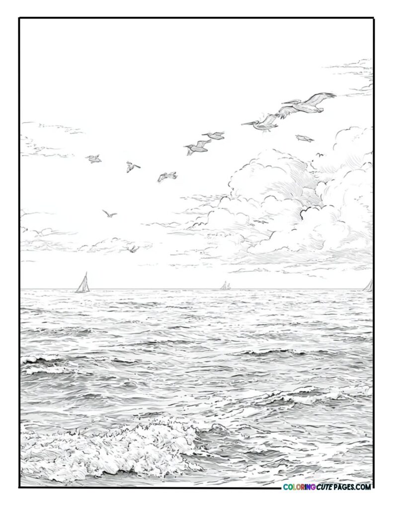 Peaceful ocean shoreline with gentle waves rolling in under a sky filled with birds