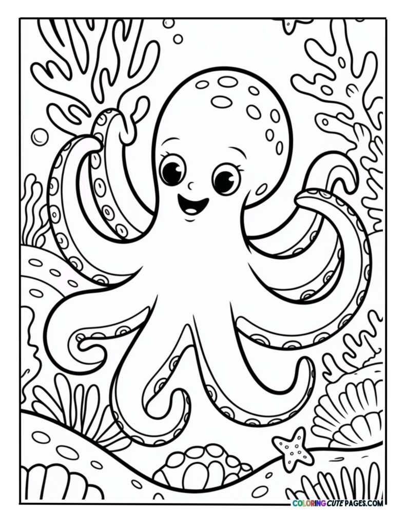 Big happy cartoon octopus with large friendly eyes waving its tentacles on the ocean floor coloring page