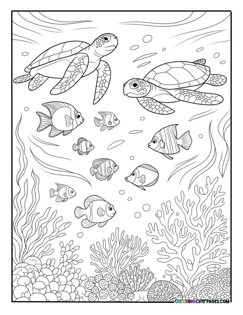 Happy sea turtles swimming with a friendly school of tropical fish underwater