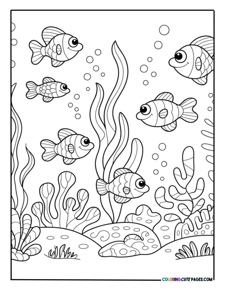 A lively school of small striped fish swimming between tall strands of sea seaweed