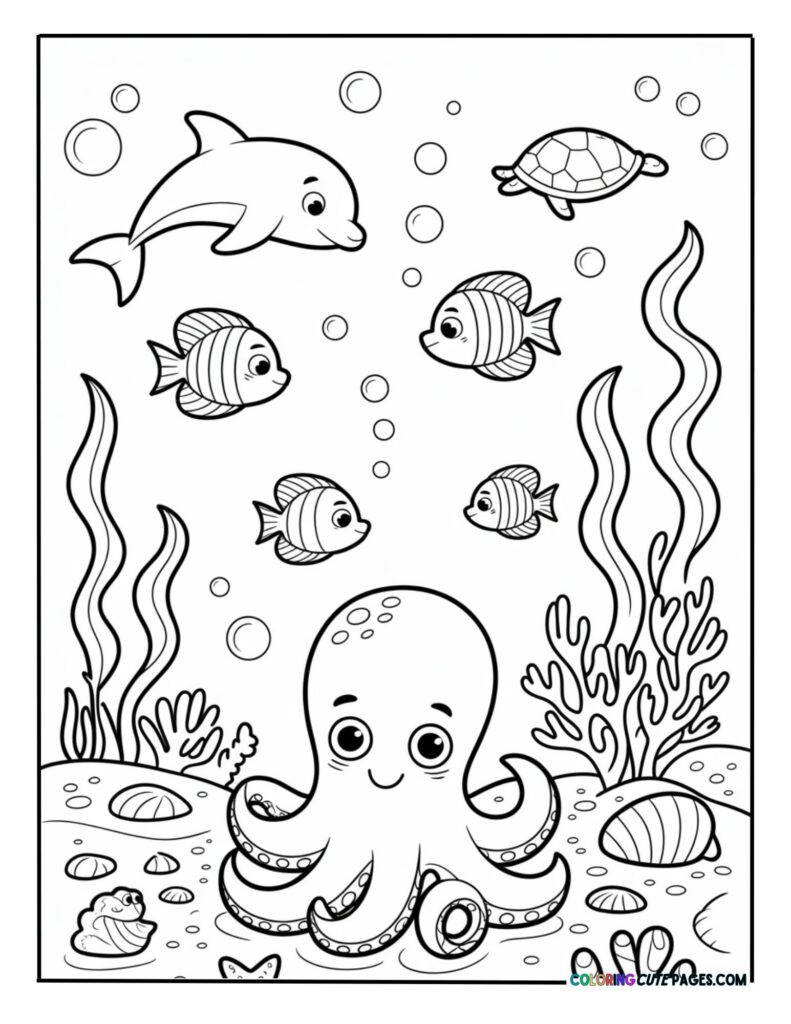 Cute octopus surrounded by a small dolphin, a turtle, seashells, and bubbles
