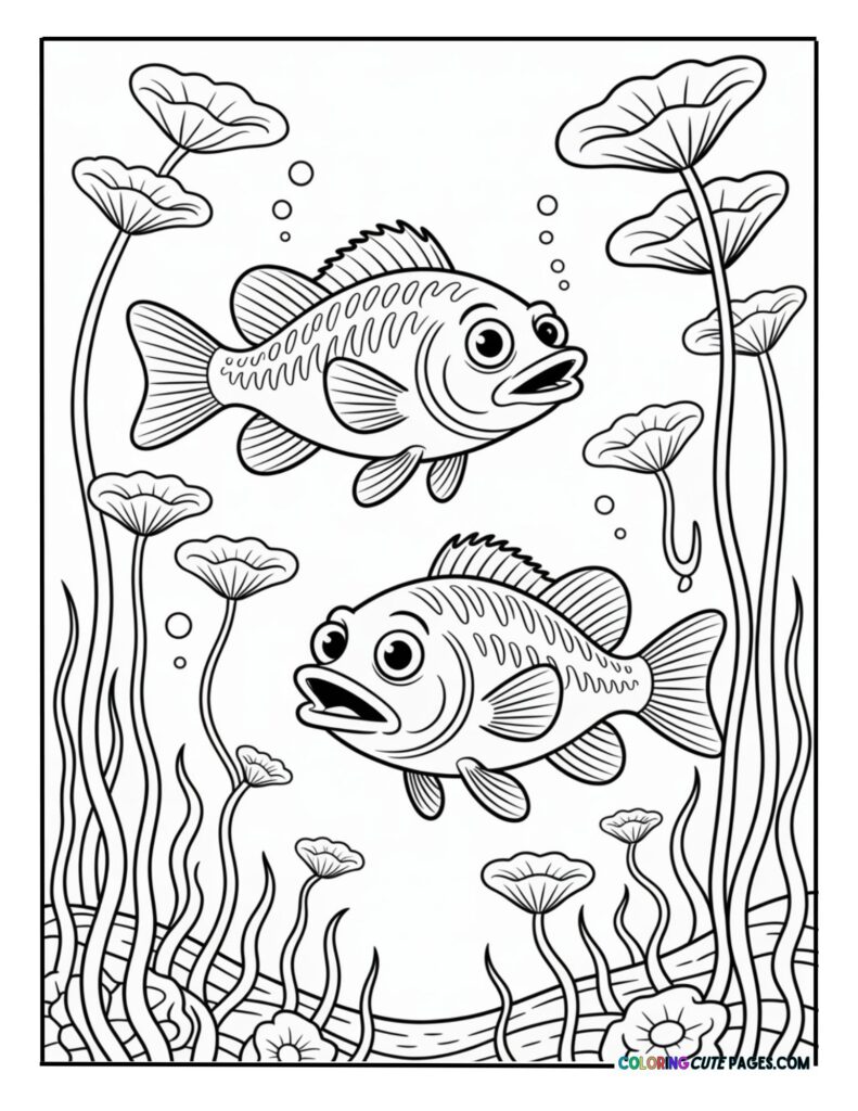 Two detailed fish swimming vertically among tall aquatic lilies and water plants