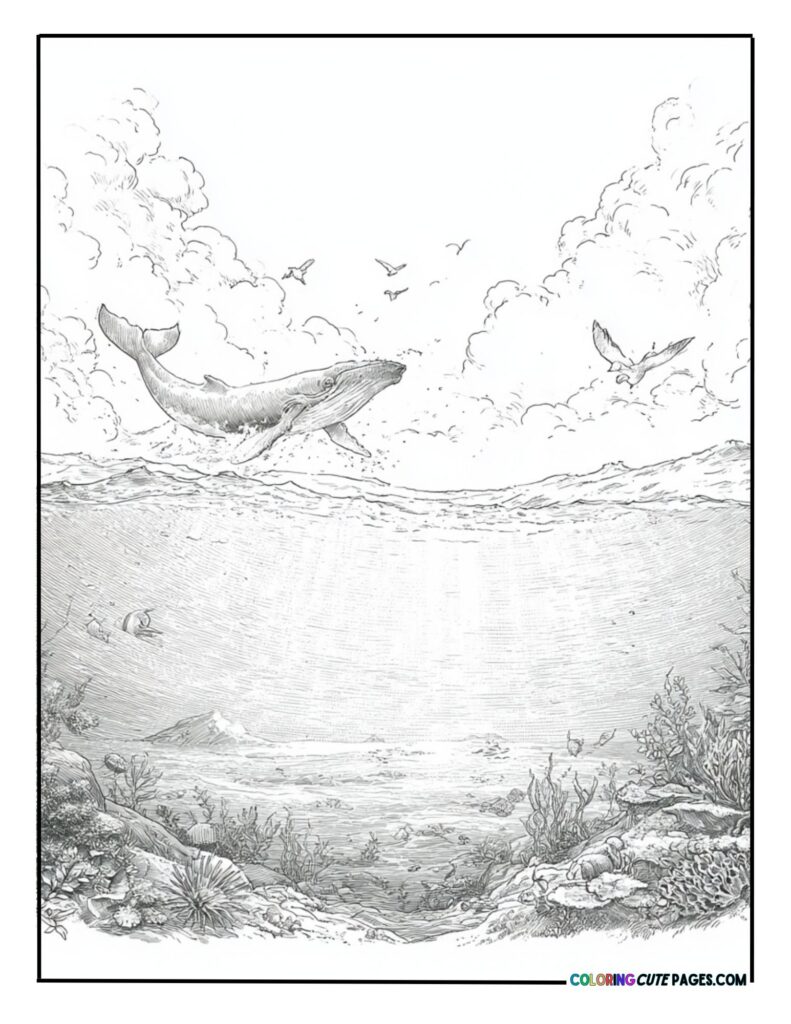 Whale swimming above a coral reef in the ocean as birds fly in the sky above
Ocean Whale