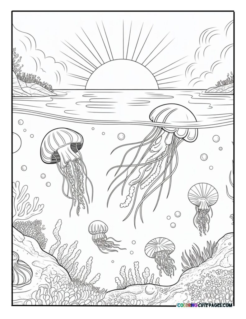 Graceful jellyfish floating under the water surface during a bright ocean sunrise
