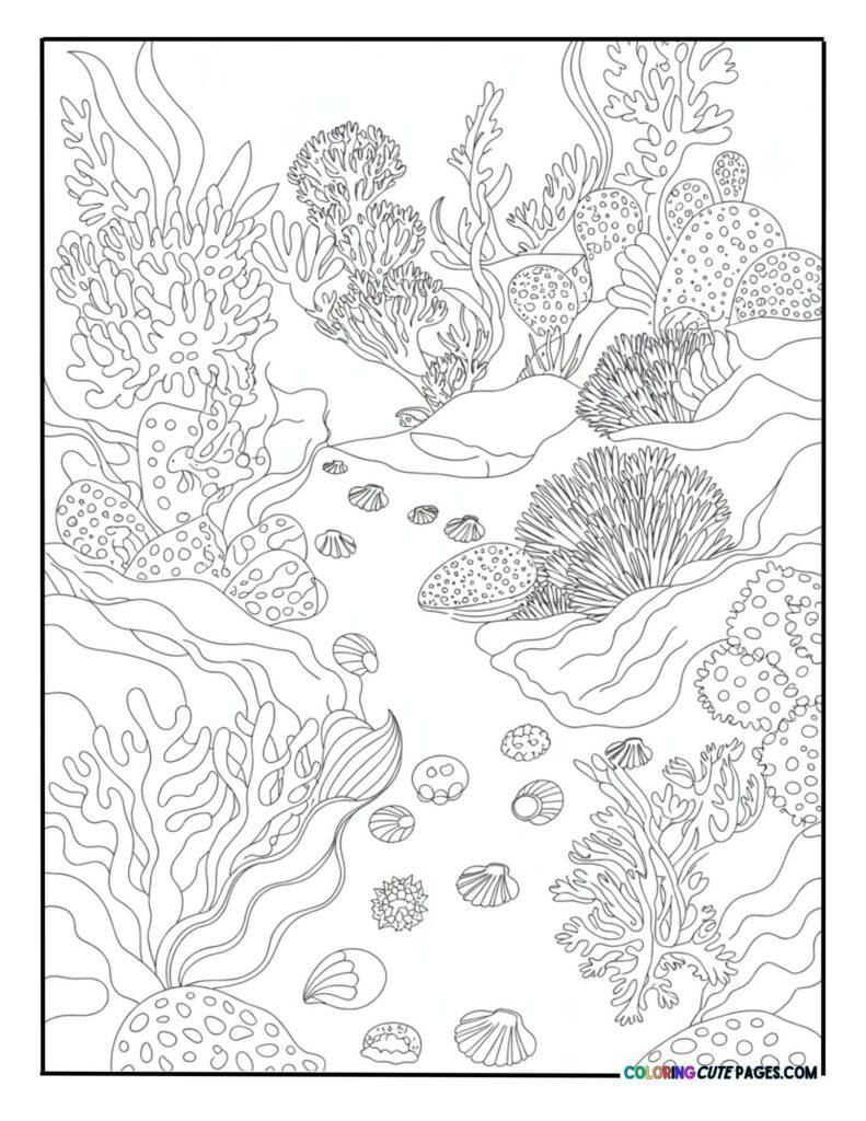 Detailed underwater scene featuring a vast array of coral formations and seashells