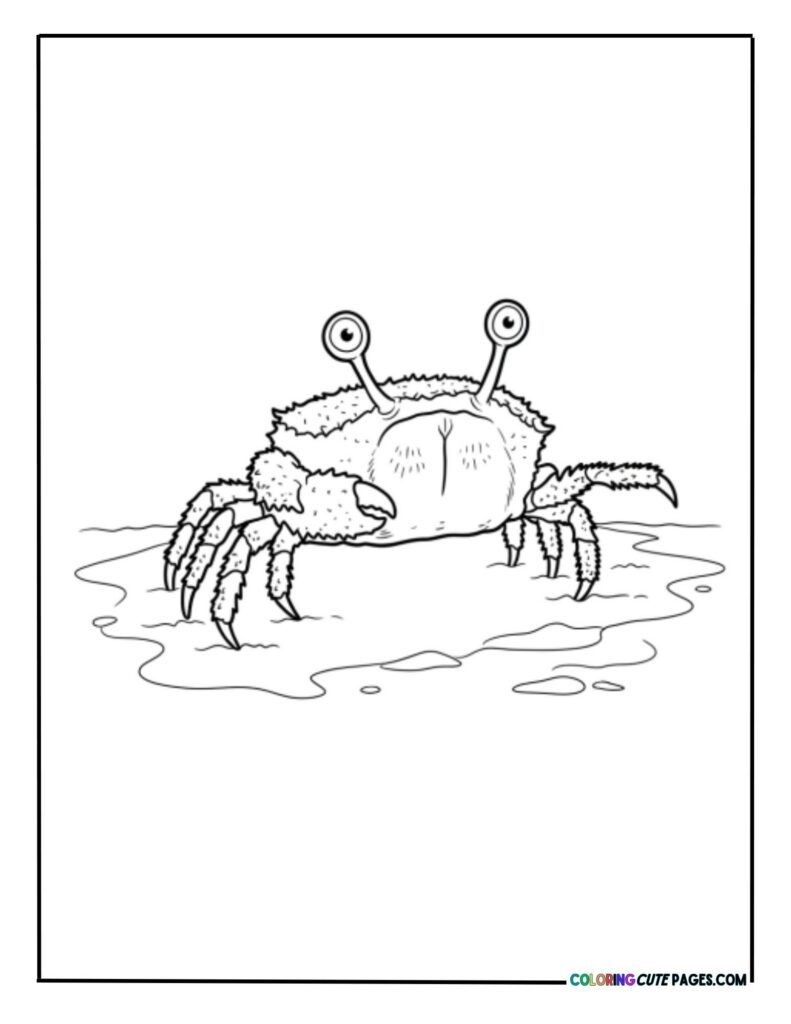 Cute cartoon crab with large eyes sitting on the sandy ocean floor coloring page