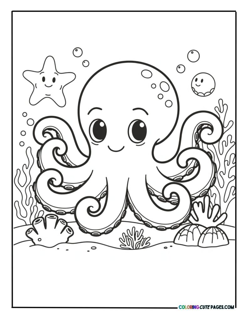 Cute octopus surrounded by seashells and bubbles