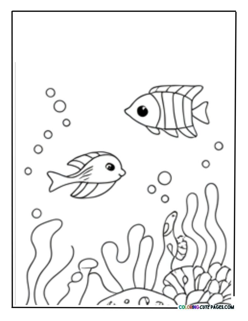 Two simple cartoon fish swimming together among underwater sea plants coloring page
