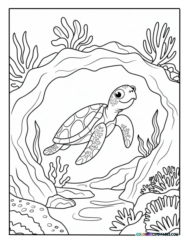 Sea turtle swimming through an underwater cave
