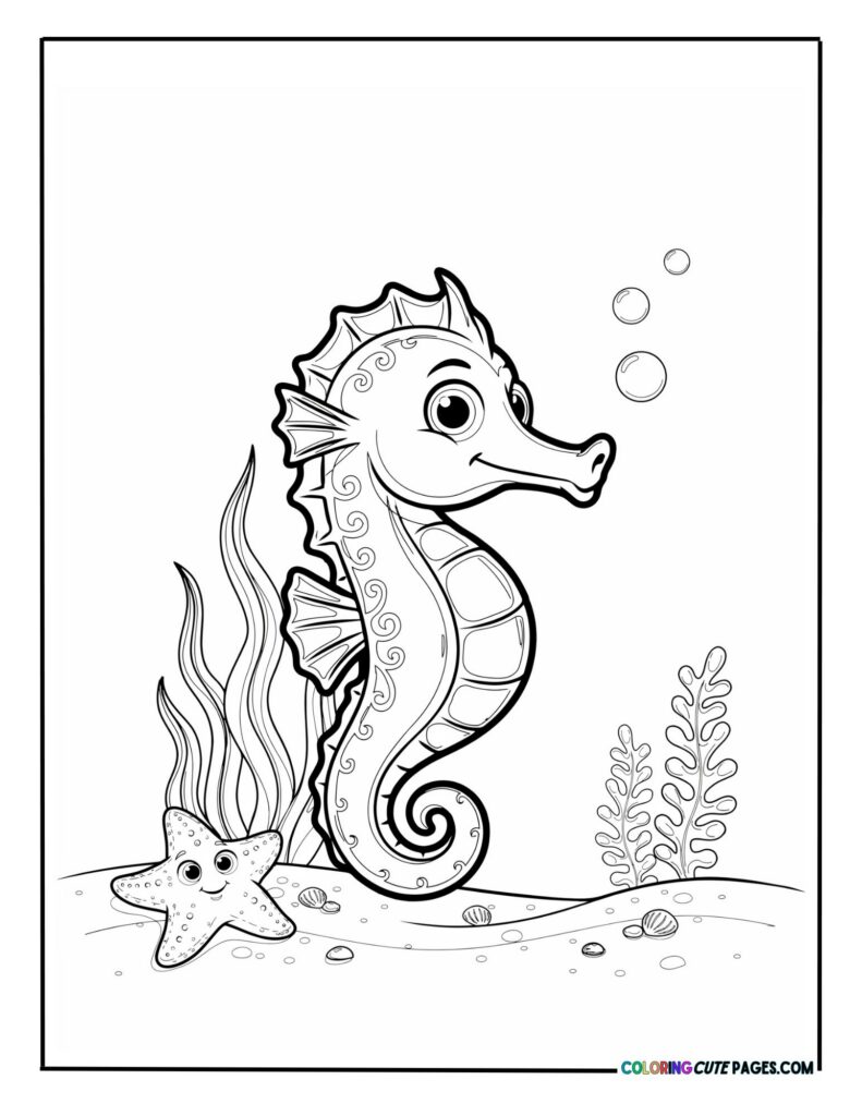 Adorable seahorse and a smiling starfish on the ocean floor coloring page for kids