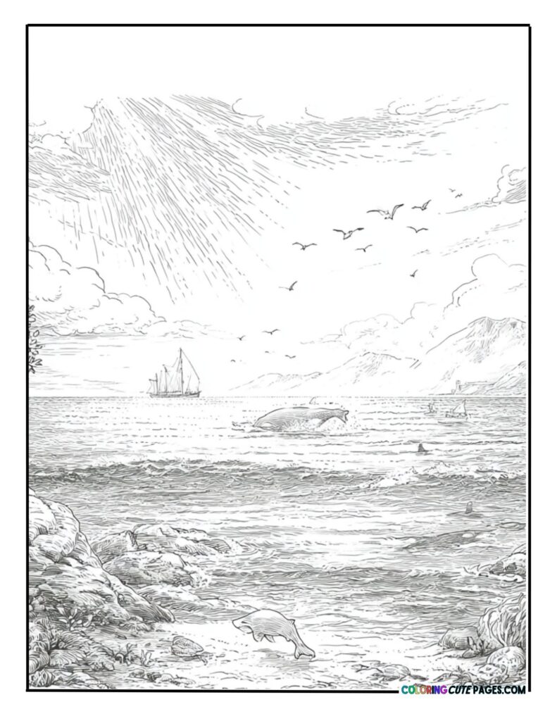 Peaceful ocean shoreline with marine life below the water